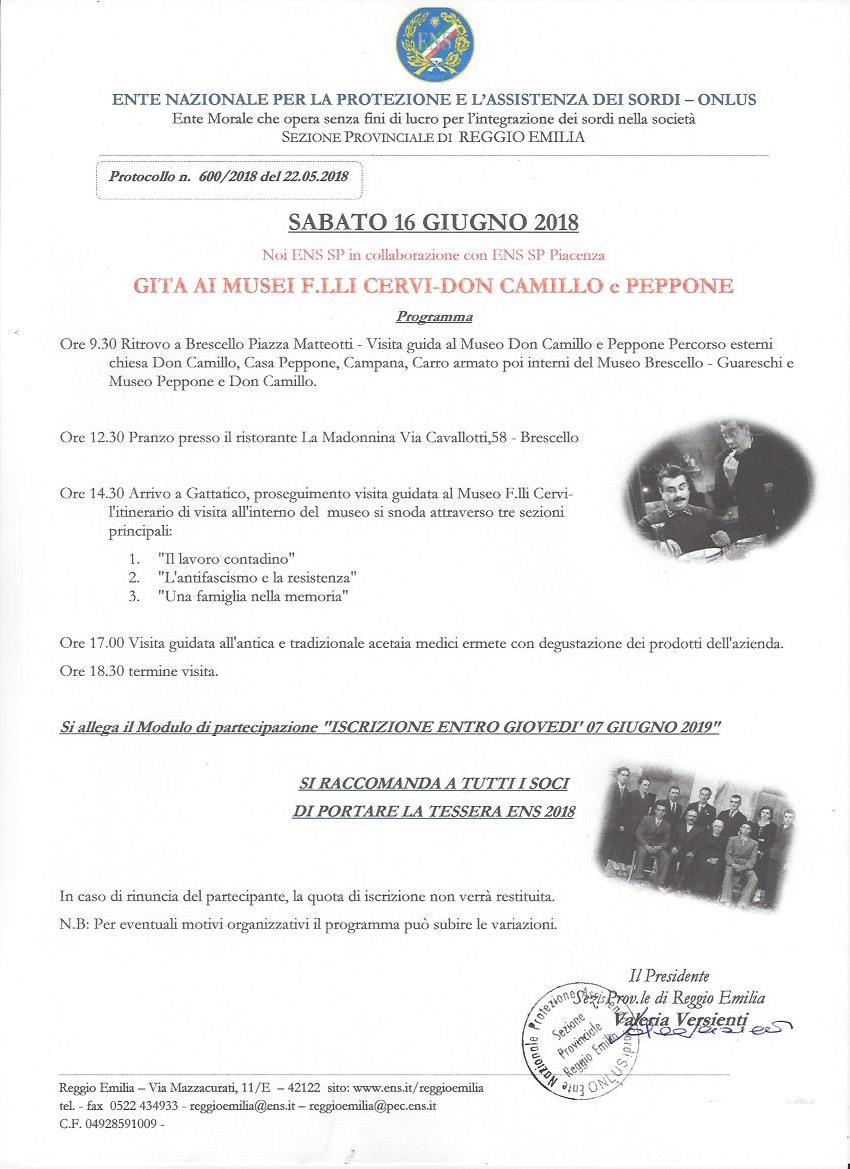 600 di prot. 25.05.2018 Gita ai musei F.lli Cervi Don Camillo e